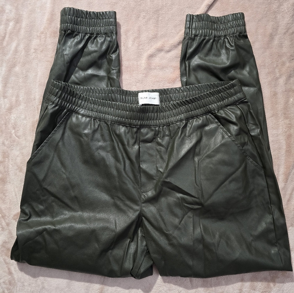 DEAR JOHN Jacey Jogger Pants Faux Leather in Green, High Rise Crop Large